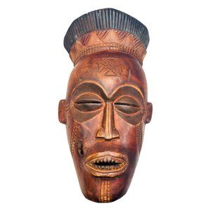 Large Vintage Wooden African Warrior Mask Wall Decor Hand Carved 16" x 9"